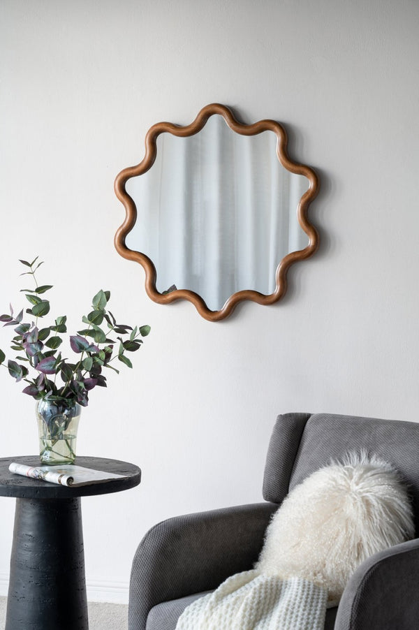 English Elm 31" Wave Frame Dark Brown Pine Wood Wall Mirror for Entryway Living Room Bedroom W2078135196