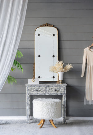 English Elm 24" Antique Gold Arched Full Length Mirror Baroque Relief Iron Frame Entryway Accent W2078135281