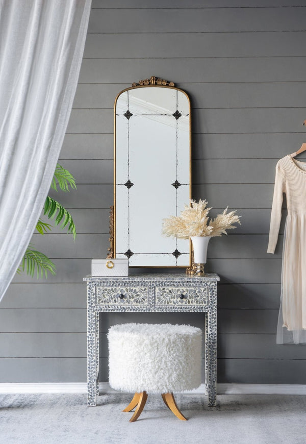 English Elm 24" Antique Gold Arched Full Length Mirror Baroque Relief Iron Frame Entryway Accent W2078135281