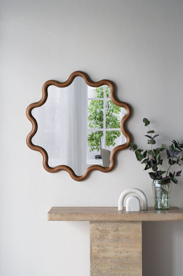 English Elm 31" Wave Frame Dark Brown Pine Wood Wall Mirror for Entryway Living Room Bedroom W2078135196
