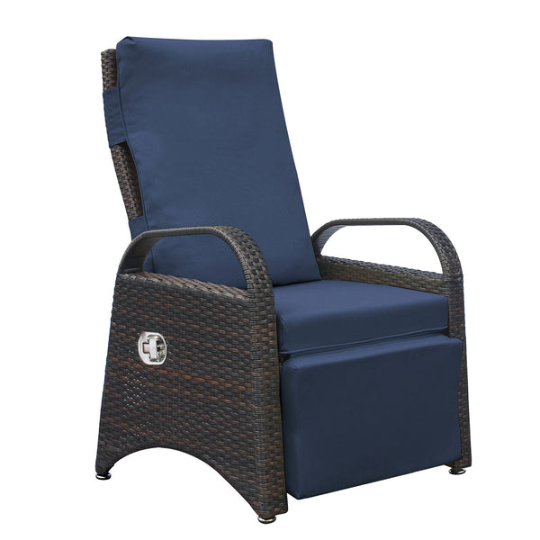 English Elm Outdoor Recliner Chair with Hand-Woven HDPE Rattan, Built-In Side Table, Buckle Recline Comfort Navy Blue W1889P177602