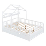 English Elm Wooden Full Size House Bed With Twin Size Trundle,Kids Bed With Shelf,White