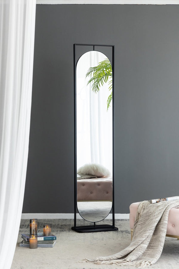 English Elm 18" Full Length Swivel Floor Mirror with Hidden Storage Shelves Matte Black Iron Frame W2078135283