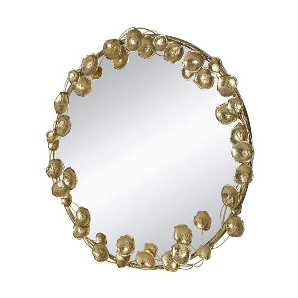 English Elm 35" Round Iron Wall Mirror Sculptural Gold Leaf Frame for Entryway or Living Room W2078135190