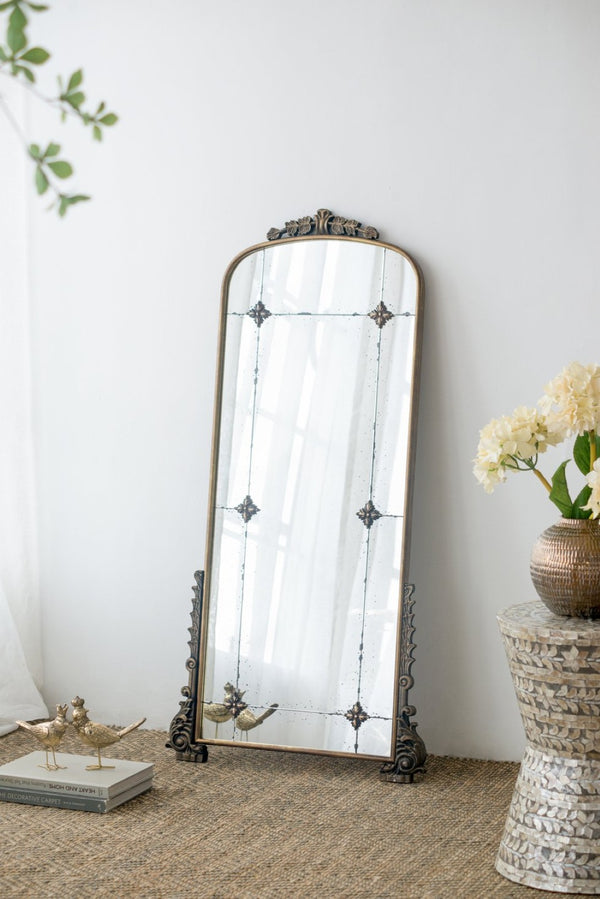 English Elm 24" Antique Gold Arched Full Length Mirror Baroque Relief Iron Frame Entryway Accent W2078135281