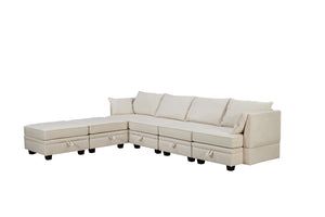 English Elm Sofa Modular Sectional with Hidden Storage Linen Upholstery and Convertible Ottoman Seating WF312293AAA