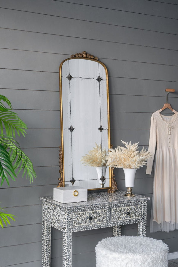 English Elm 24" Antique Gold Arched Full Length Mirror Baroque Relief Iron Frame Entryway Accent W2078135281
