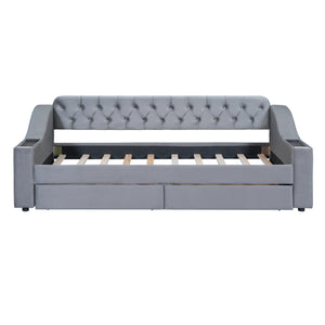 English Elm Twin Upholstered Daybed with Button-Tufted Headboard, Dual USB Ports & Two Large Storage Drawers Gray SF000048AAE