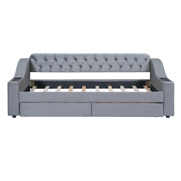 English Elm Twin Upholstered Daybed with Button-Tufted Headboard, Dual USB Ports & Two Large Storage Drawers Gray SF000048AAE
