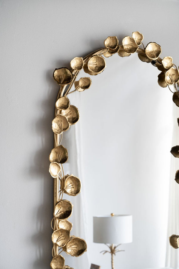 English Elm 51.5" Arched Iron Full Length Mirror with Organic Golden Leaf Frame Accent W2078135191