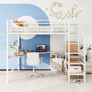 English Elm Full Metal Loft Bed with Built-In L Desk, 3-Tier Ladder Shelves and Under-Ladder Wardrobe Space, Durable White SF000024AAK