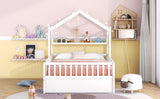 English Elm Wooden Full Size House Bed With Twin Size Trundle,Kids Bed With Shelf,White