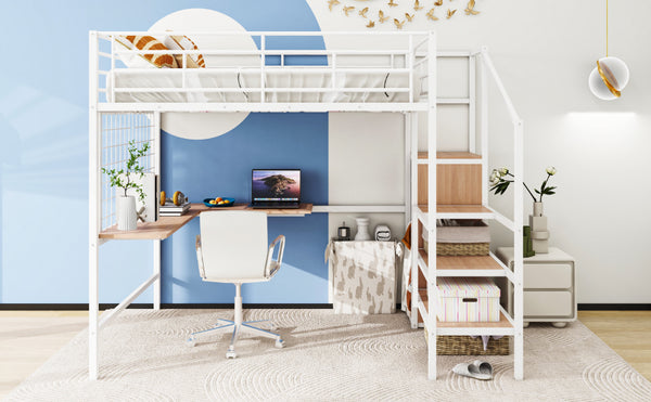 English Elm Full Metal Loft Bed with Built-In L Desk, 3-Tier Ladder Shelves and Under-Ladder Wardrobe Space, Durable White SF000024AAK