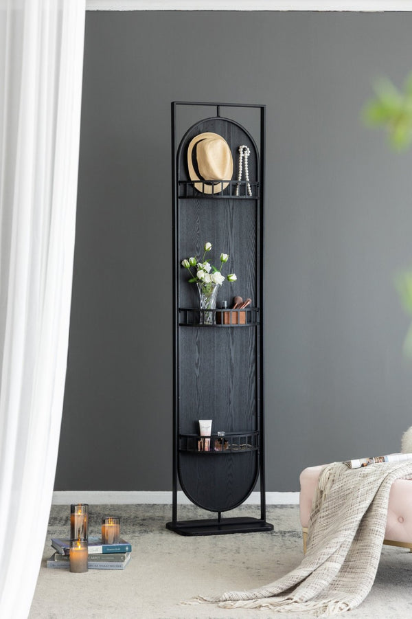 English Elm 18" Full Length Swivel Floor Mirror with Hidden Storage Shelves Matte Black Iron Frame W2078135283