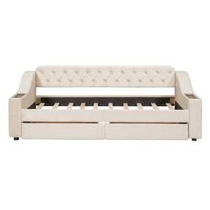 English Elm Twin Upholstered Daybed with Button-Tufted Headboard, Dual USB Ports & Two Large Storage Drawers Beige SF000048AAA