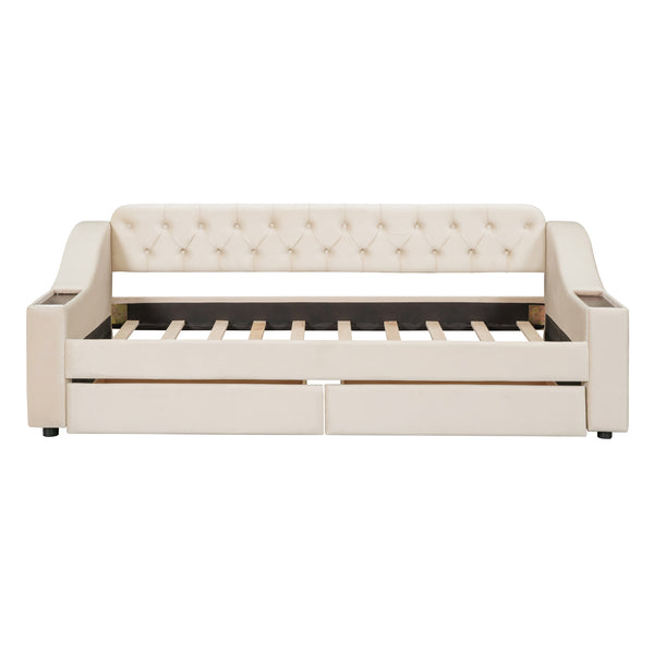 English Elm Twin Upholstered Daybed with Button-Tufted Headboard, Dual USB Ports & Two Large Storage Drawers Beige SF000048AAA