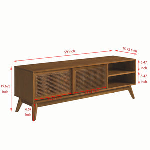 English Elm 59 Mid Century Rattan TV Stand 59" 65-inch Ready Media Console with Solid Wood Legs, Smooth Slides and Natural Birch Finish Brown Ebony W1801115775