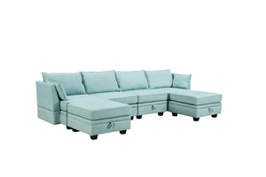 English Elm U_style Six Seat Modular U-shaped Sectional with Hidden Storage and Sleeper Function Light Green WY000363AAC
