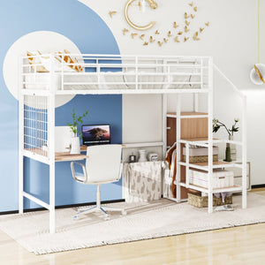 English Elm Full Metal Loft Bed with Built-In L Desk, 3-Tier Ladder Shelves and Under-Ladder Wardrobe Space, Durable White SF000024AAK