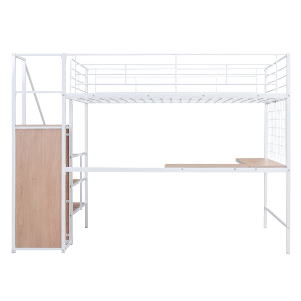 English Elm Full Metal Loft Bed with Built-In L Desk, 3-Tier Ladder Shelves and Under-Ladder Wardrobe Space, Durable White SF000024AAK