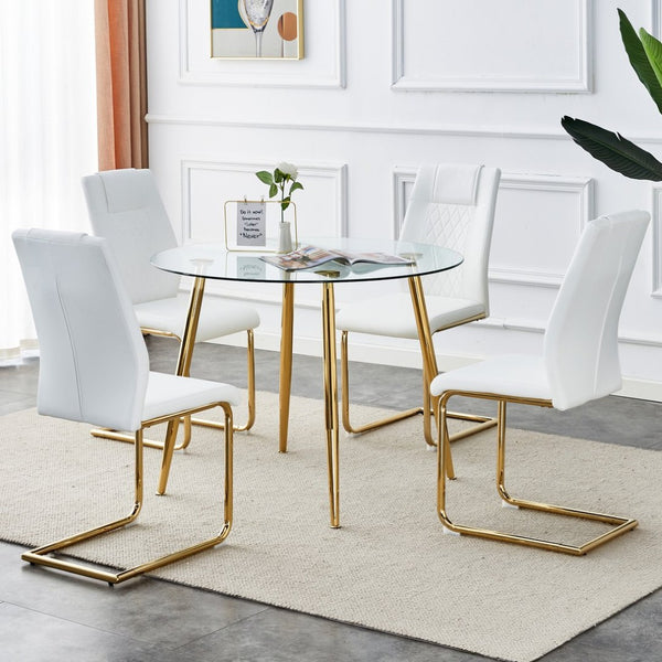 English Elm Table Set With 40-Inch Glass Top, Gold-Plated Legs & 4 White Cushioned Chairs For Modern Dining W1151S00480-GIGA