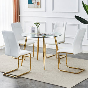 English Elm Table Set - Modern Circular Dining Table With Glass Top & Gold-Plated Legs, 4 White Pu Cushions W1151S03978-GIGA