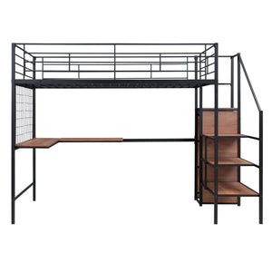 English Elm Full Metal Loft Bed with Built-In L Desk, 3-Tier Ladder Shelves and Under-Ladder Wardrobe Space, Durable Black SF000024AAB
