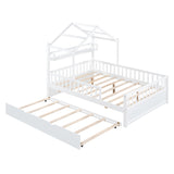 English Elm Wooden Full Size House Bed With Twin Size Trundle,Kids Bed With Shelf,White