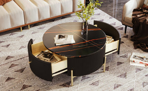 English Elm Modern Marble Pattern Round Coffee Table with Gold Legs and Two Storage Drawers WF311606AAB