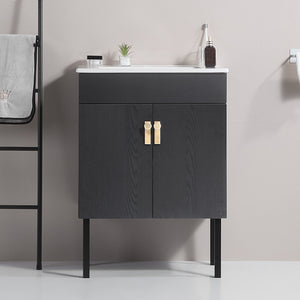 English Elm 24''Bathroom wall-mounted vanity with metal kickstand, solid wood compact design, glossy ceramic sink Black W1882127199