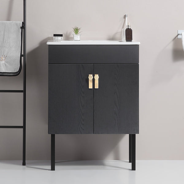 English Elm 24''Bathroom wall-mounted vanity with metal kickstand, solid wood compact design, glossy ceramic sink Black W1882127199