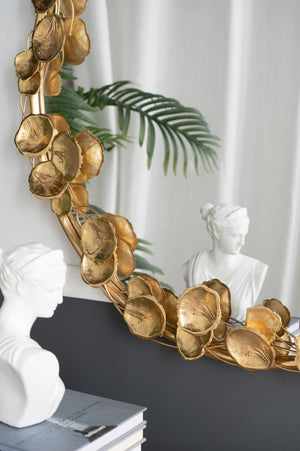 English Elm 35" Round Iron Wall Mirror Sculptural Gold Leaf Frame for Entryway or Living Room W2078135190