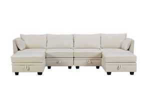 English Elm Sofa Modular Sectional with Hidden Storage Linen Upholstery and Convertible Ottoman Seating WF312293AAA