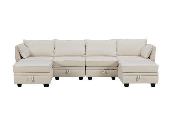 English Elm Sofa Modular Sectional with Hidden Storage Linen Upholstery and Convertible Ottoman Seating WF312293AAA