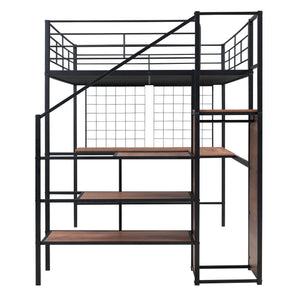English Elm Full Metal Loft Bed with Built-In L Desk, 3-Tier Ladder Shelves and Under-Ladder Wardrobe Space, Durable Black SF000024AAB