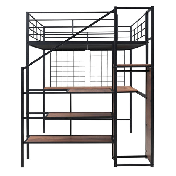 English Elm Full Metal Loft Bed with Built-In L Desk, 3-Tier Ladder Shelves and Under-Ladder Wardrobe Space, Durable Black SF000024AAB