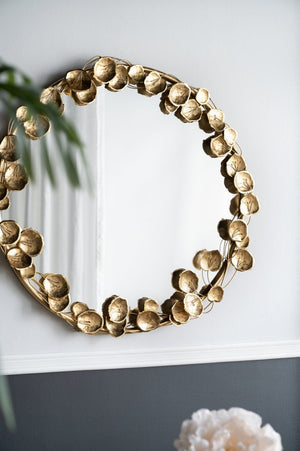 English Elm 35" Round Iron Wall Mirror Sculptural Gold Leaf Frame for Entryway or Living Room W2078135190