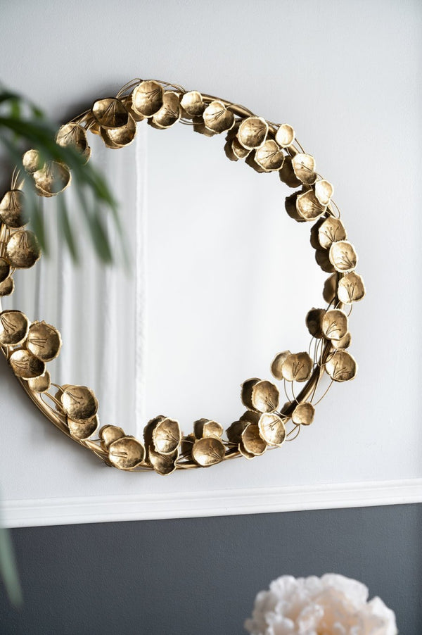 English Elm 35" Round Iron Wall Mirror Sculptural Gold Leaf Frame for Entryway or Living Room W2078135190
