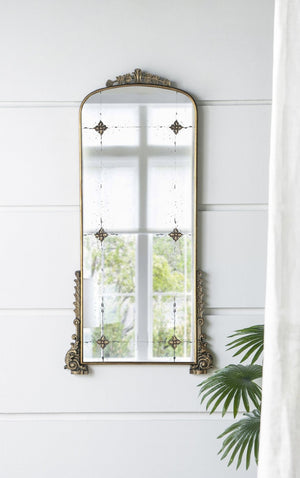 English Elm 24" Antique Gold Arched Full Length Mirror Baroque Relief Iron Frame Entryway Accent W2078135281