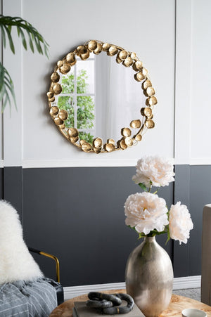 English Elm 35" Round Iron Wall Mirror Sculptural Gold Leaf Frame for Entryway or Living Room W2078135190