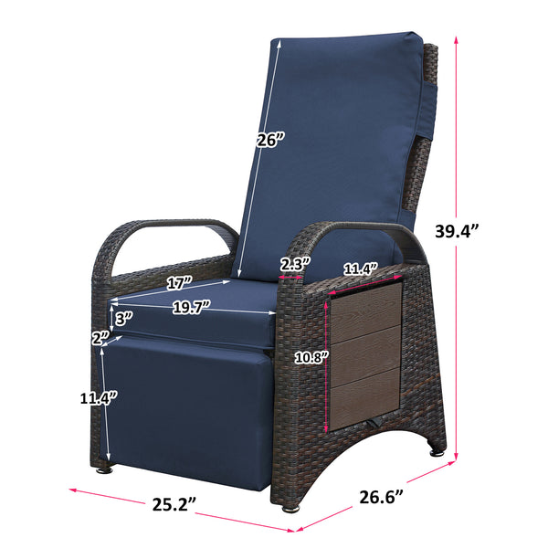 English Elm Outdoor Recliner Chair with Hand-Woven HDPE Rattan, Built-In Side Table, Buckle Recline Comfort Navy Blue W1889P177602