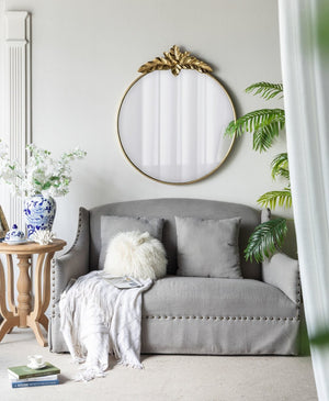 English Elm 36" Oval Gold Iron Frame Wall Mirror with Leaf Crown Detail for Bedroom or Entryway W2078135194