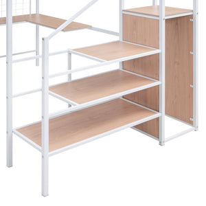 English Elm Full Metal Loft Bed with Built-In L Desk, 3-Tier Ladder Shelves and Under-Ladder Wardrobe Space, Durable White SF000024AAK