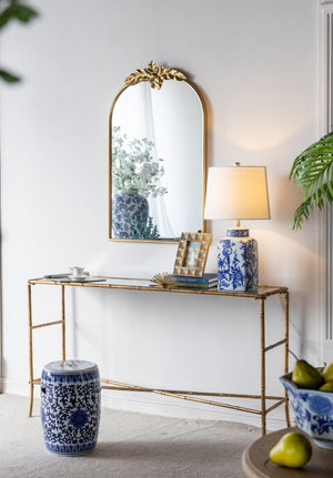 English Elm 24" Arched Gold Iron Frame Wall Mirror Ornamental Crown Accent for Bedroom or Entryway W2078135193