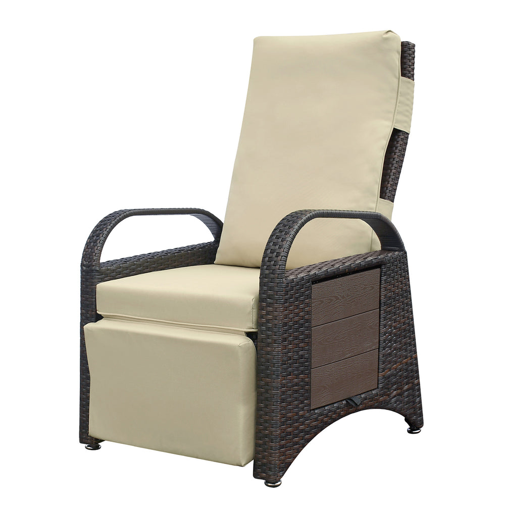 English Elm Outdoor Recliner Chair with Built-In Side Table, HDPE Wicker, UV Resistant, Adjustable Buckle Recline, Cushioned Comfort (Khaki) W1889137603