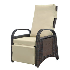 English Elm Outdoor Recliner Chair with Built-In Side Table, HDPE Wicker, UV Resistant, Adjustable Buckle Recline, Cushioned Comfort (Khaki) W1889137603