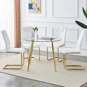 English Elm Table Set - Modern Circular Dining Table With Glass Top & Gold-Plated Legs, 4 White Pu Cushions W1151S03978-GIGA