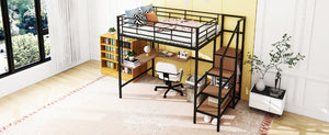 English Elm Full Metal Loft Bed with Built-In L Desk, 3-Tier Ladder Shelves and Under-Ladder Wardrobe Space, Durable Black SF000024AAB