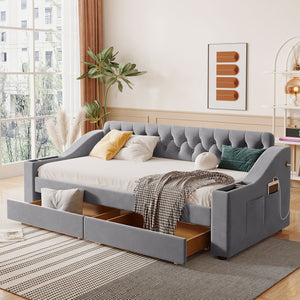 English Elm Twin Upholstered Daybed with Button-Tufted Headboard, Dual USB Ports & Two Large Storage Drawers Gray SF000048AAE