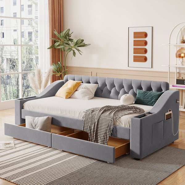 English Elm Twin Upholstered Daybed with Button-Tufted Headboard, Dual USB Ports & Two Large Storage Drawers Gray SF000048AAE
